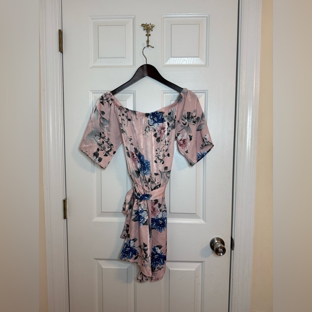 My Beloved romper medium off the shoulder pink blue floral